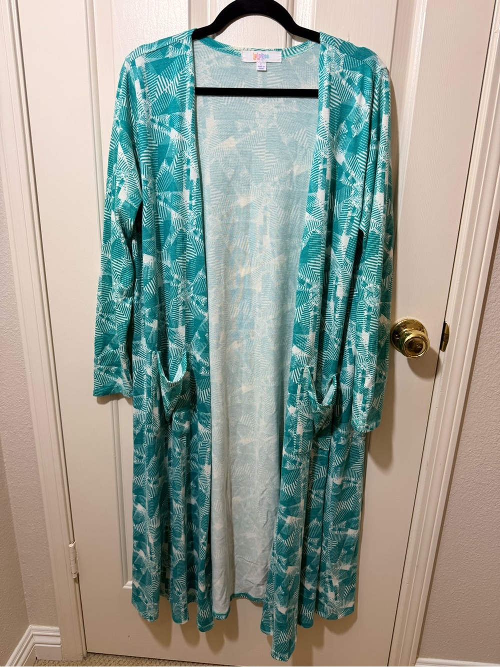 LuLaRoe Teal and White Palm-Print Long Open Cardigan